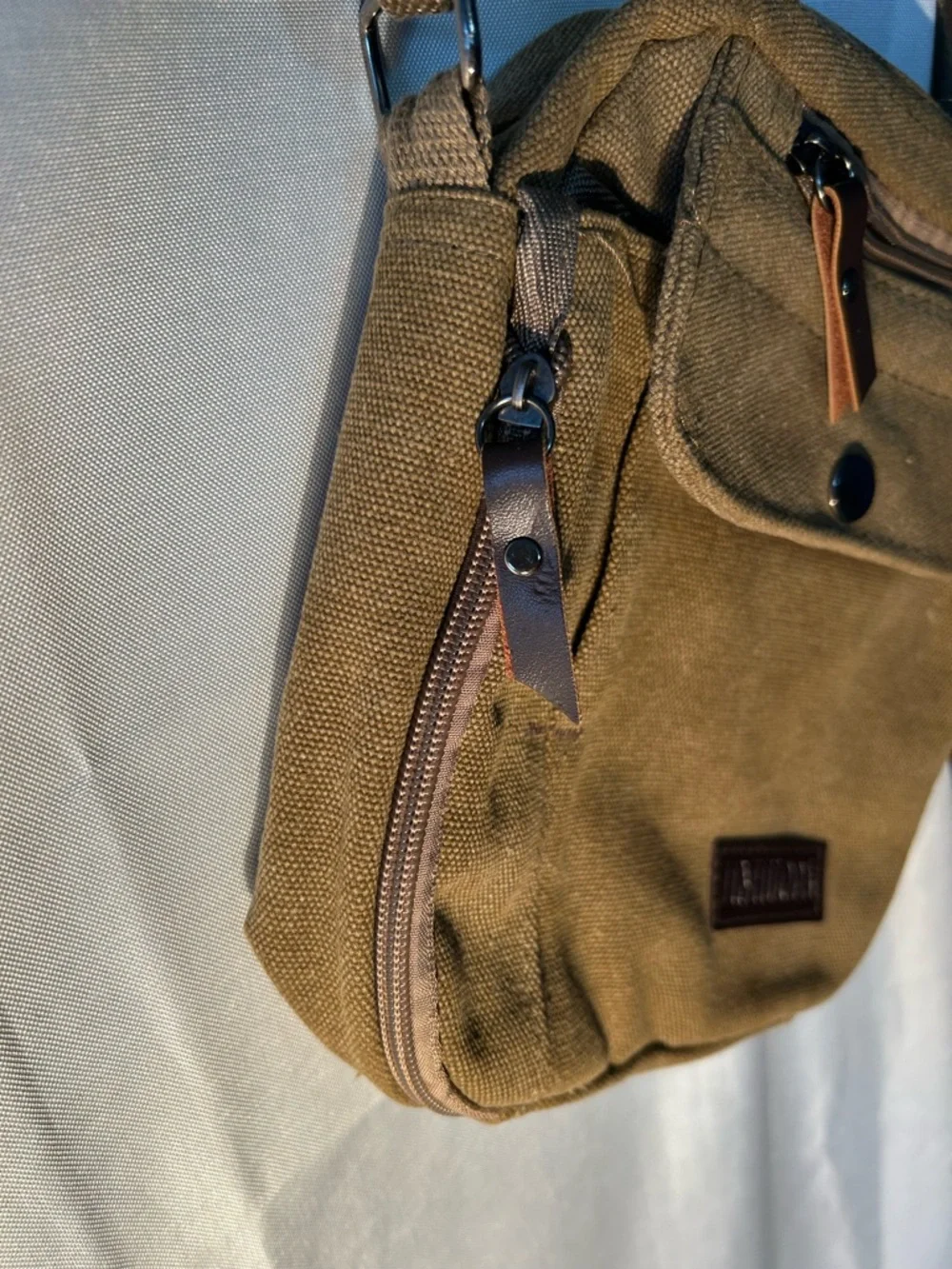 Canvas Crossbody Khaki Bag for Men compact size of approximately 9”x9”